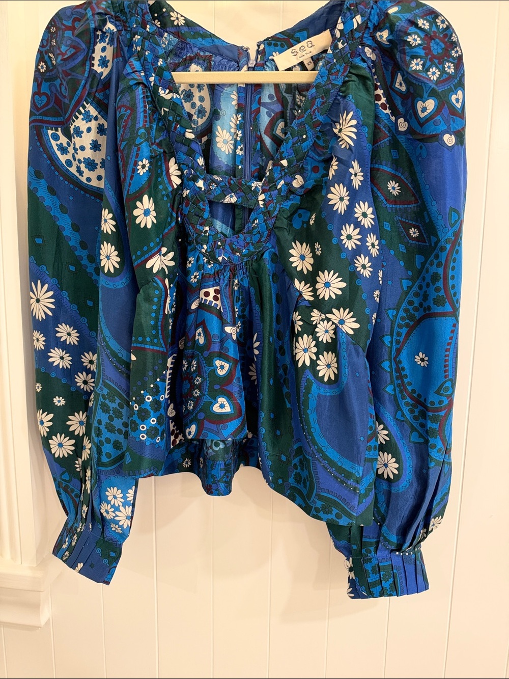 Sea Blue & Green Paisley Floral Peasant Blouse